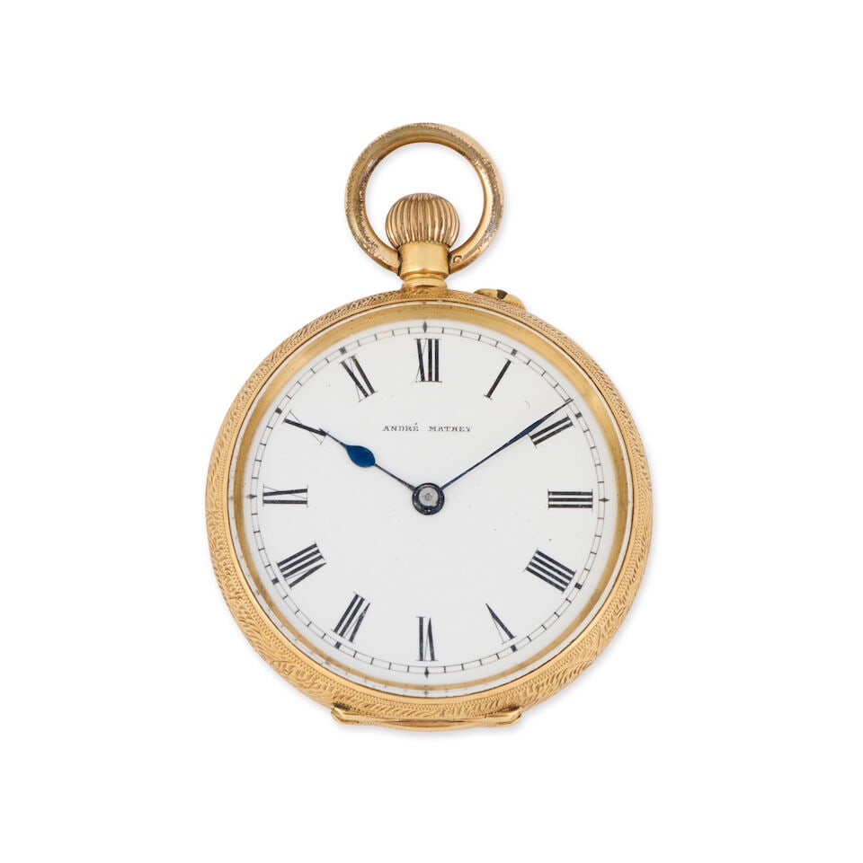 André Mathey. An 18K gold keyless wind open face pocket watch Circa 1900 (1 of 3)
