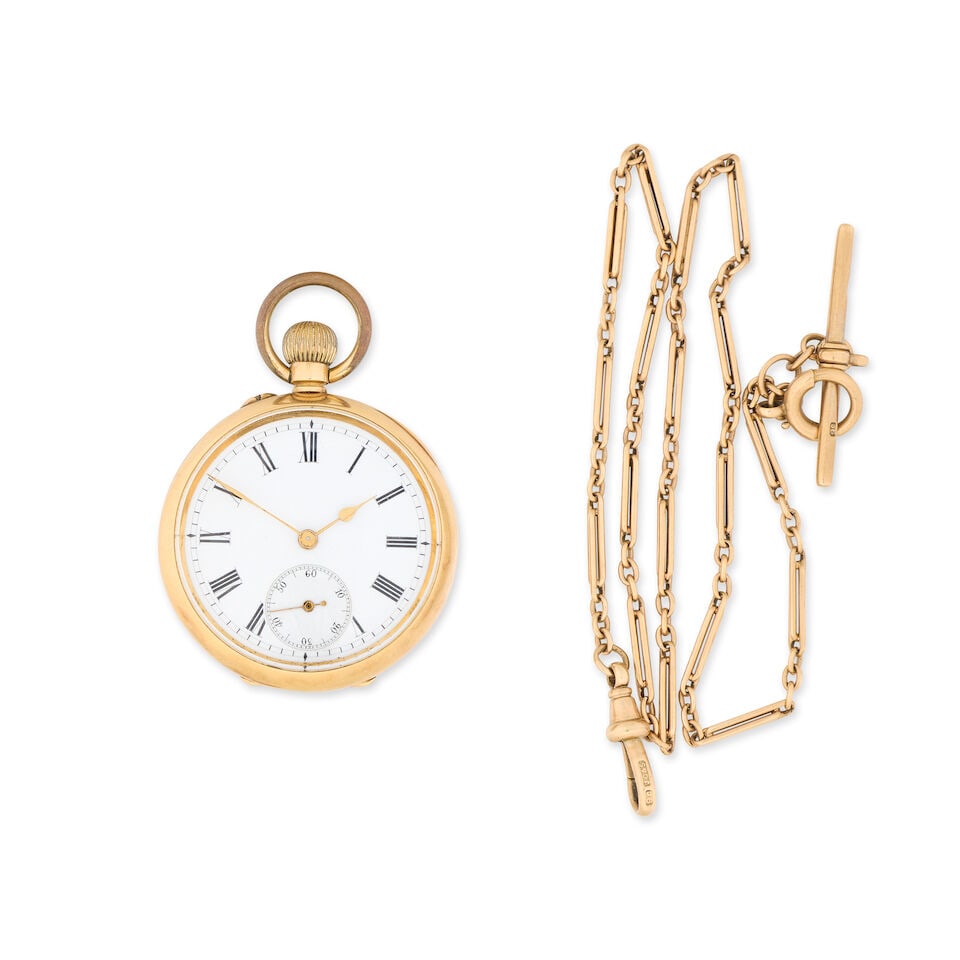 An 18K gold keyless wind open face pocket watch with 9K gold chain Circa 1880 (1 of 2)