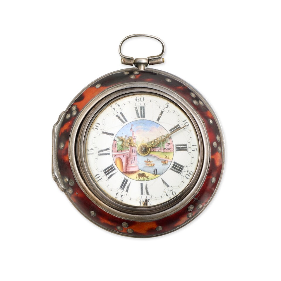 A silver and under-painted horn key wind triple case pocket watch with repoussé decoration ... (1 of 5)