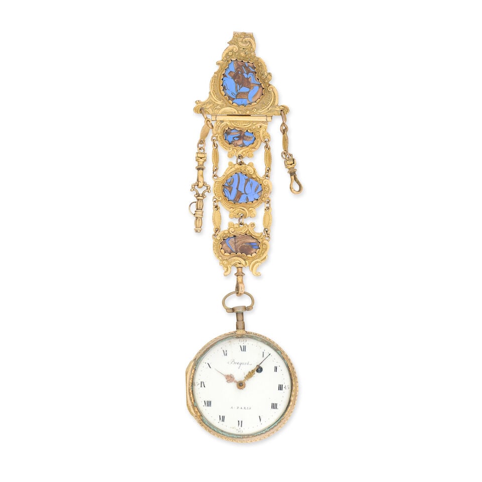 A gilt and enamel key wind open face pocket watch with gilt chatelaine, spuriously signed Bregue... (1 of 3)