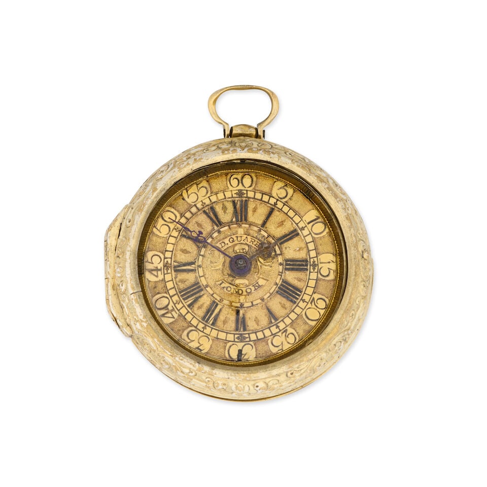A gilt key wind repoussé pair case pocket watch spuriously signed D.Quare  Circa 1700 (1 of 3)