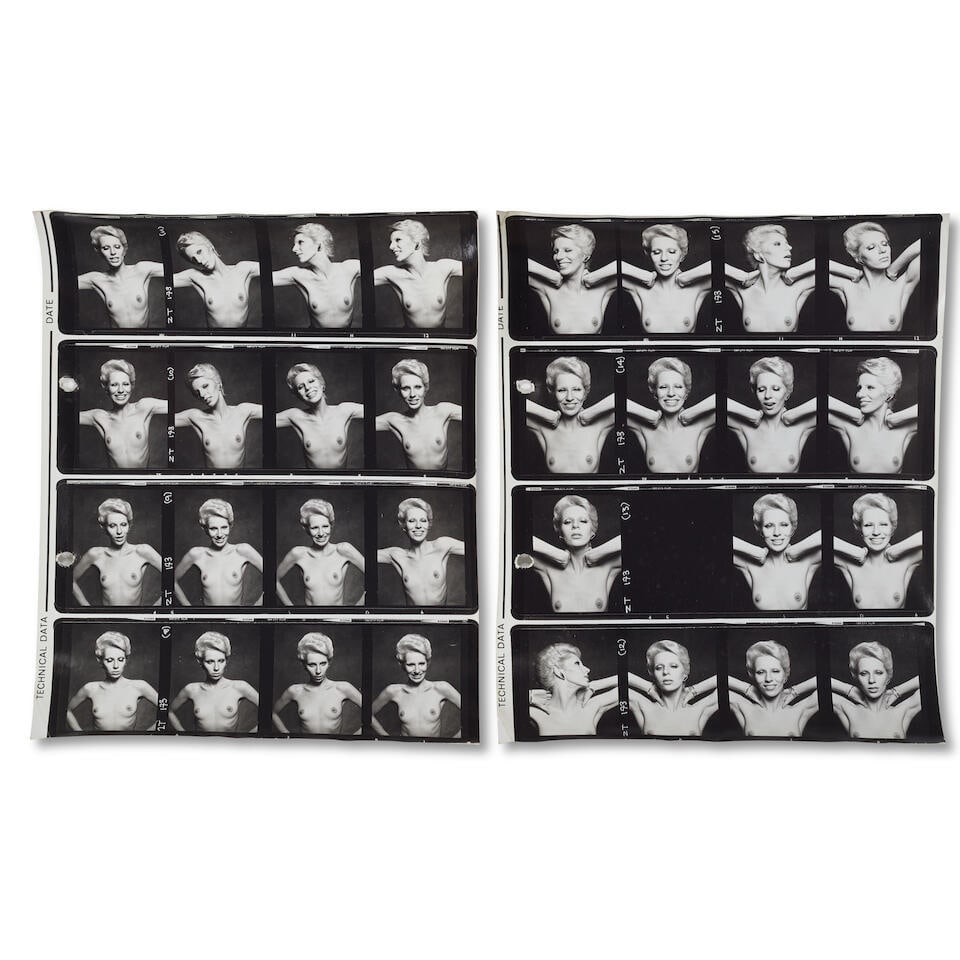 Brian Duffy (1933-2010): Six original contact sheets of Angie Bowie, 1973, 6: Brian Duffy (1933-2010): Six original contact sheets of Angie Bowie, 1973, all black and white silver gelatin prints, two mounted, four without mount, each with staple holes, showing Angie in various