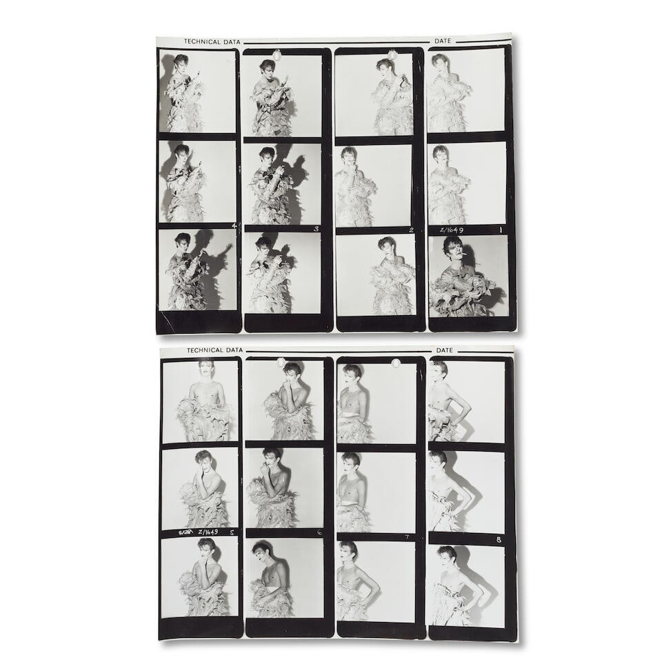 Brian Duffy (1933-2010): Five original vintage contact sheets from the Scary Monsters (and Super...: Brian Duffy (1933-2010): Five original vintage contact sheets from the Scary Monsters (and Super Creeps) photoshoot, 1980, Comprising; four contact sheets with three rows of images showing Bowie in va