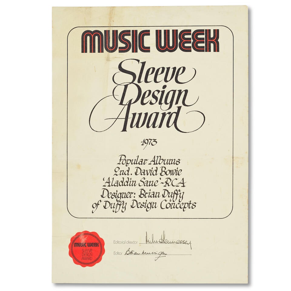 Brian Duffy (1933-2010): Music Week Sleeve Design Award for the RCA Records/David Bowie album Al...: Brian Duffy (1933-2010): Music Week Sleeve Design Award for the RCA Records/David Bowie album Aladdin Sane, 1973, Popular Albums category, 2nd Place, awarded to Brian Duffy of Duffy Design Concepts, p