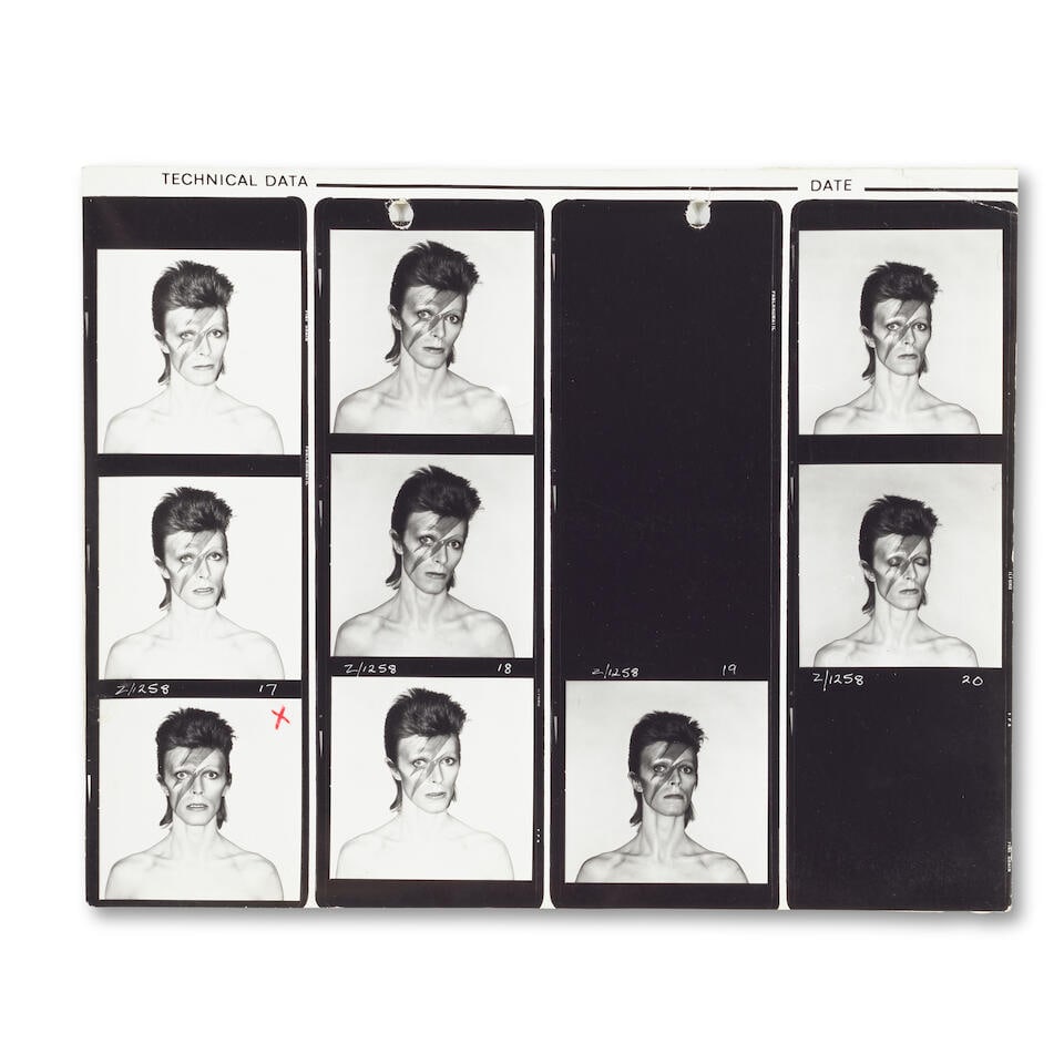 Brian Duffy (1933-2010): Two original contact sheets of David Bowie for his album Aladdin Sane, ...: Brian Duffy (1933-2010): Two original contact sheets of David Bowie for his album Aladdin Sane, 1973, all black and white silver gelatin prints, depicting Bowie with his eyes open in head and shoulder