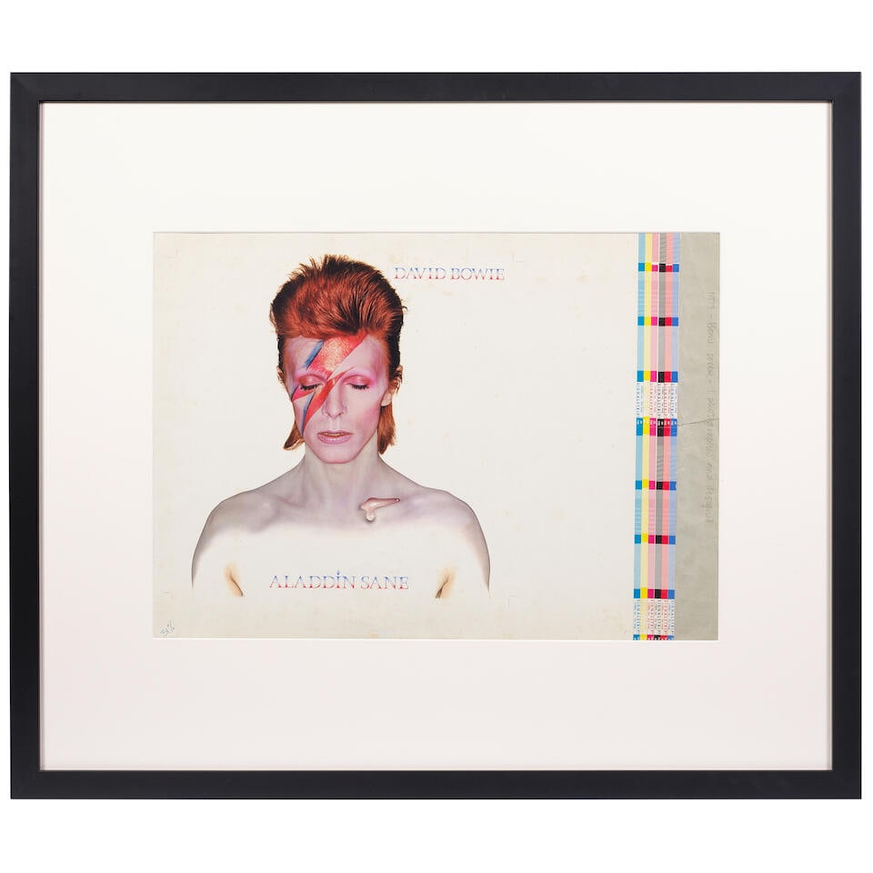 Brian Duffy (1933-2010): A record sleeve printer pull colour separation for the album cover of A...: Brian Duffy (1933-2010): A record sleeve printer pull colour separation for the album cover of Aladdin Sane annotated by Duffy, 1973, album cover proof with pantone grid, with Duffy's handwritten note