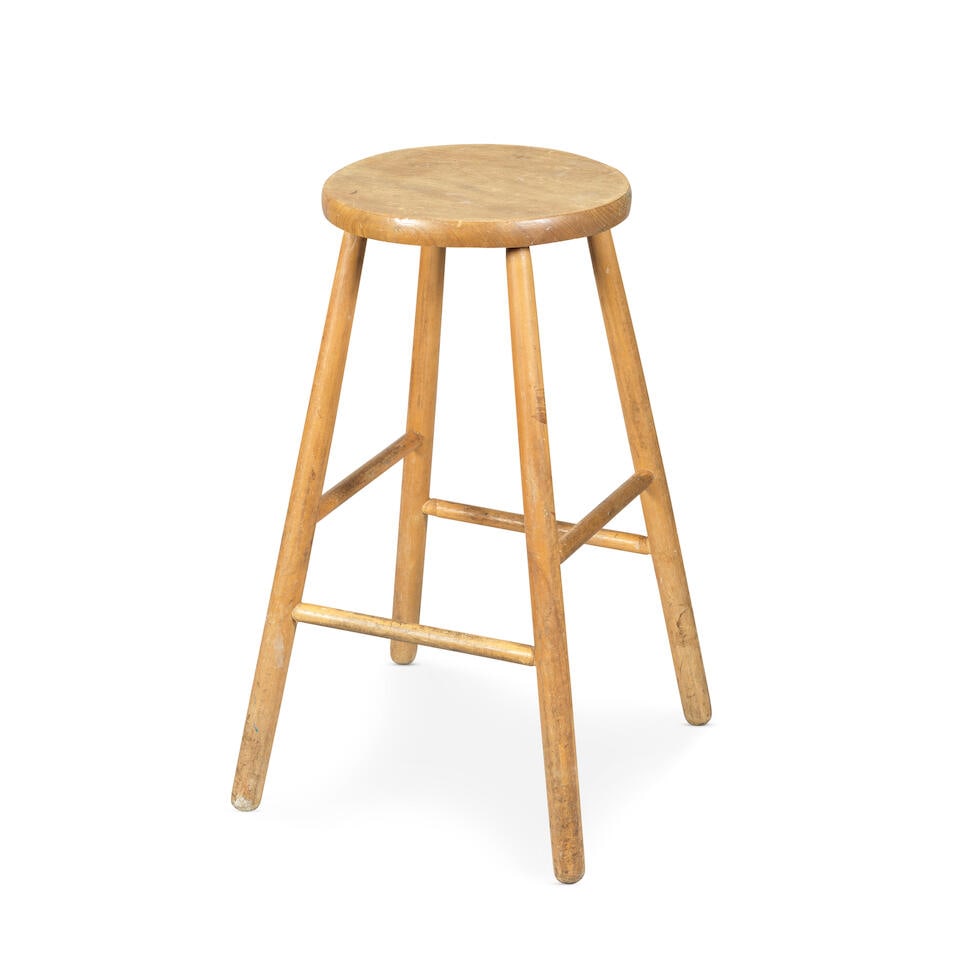 Brian Duffy: Duffy's personally owned stool used by David Bowie for the Aladdin Sane shoot, circ...: Brian Duffy: Duffy's personally owned stool used by David Bowie for the Aladdin Sane shoot, circa 1970s, of typical form, circular elm seat, four beech legs, 27in (68cm) high x 17in (43cm) wide Footno