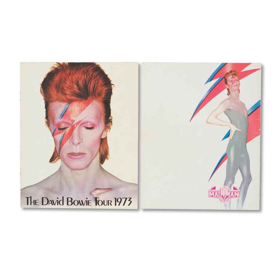 Brian Duffy (1933-2010): Two copies of The David Bowie Tour 1973 programme for Aladdin Sane, 197...: Brian Duffy (1933-2010): Two copies of The David Bowie Tour 1973 programme for Aladdin Sane, 1973, six inside pages, paper, stapled, Mainman logo to reverse, each 8 x 10in (20 x 25cm), (2) Footnotes: