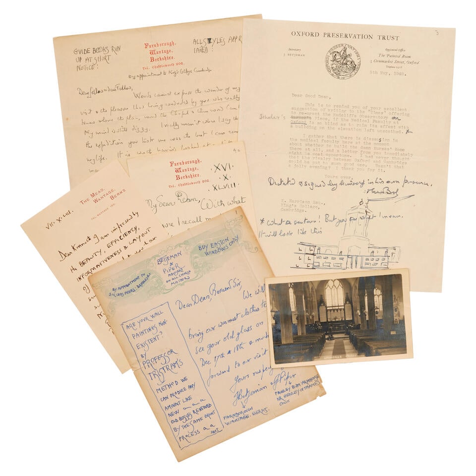 BETJEMAN (JOHN) & JOHN PIPER letters to Kenneth Harrison, 1947-1958: BETJEMAN (JOHN) AND JOHN PIPER Series of correspondence signed ('J. Betjeman', 'John Betjeman', 'JonB') to Kenneth Harrison, Dean of King's College, Cambridge, comprising ten autograph and typed lette