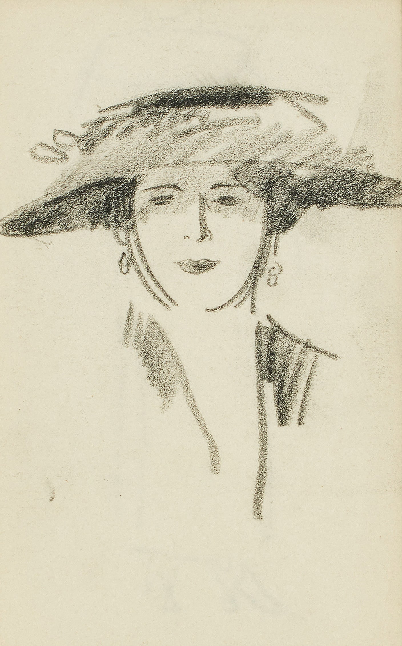 John Duncan Fergusson RBA (British, 1874-1961) A woman in a wide-brimmed hat, c. 1910-14: John Duncan Fergusson RBA (British, 1874-1961) A woman in a wide-brimmed hat, c. 1910-14 conté 20 x 12cm (7 7/8 x 4 3/4in). This lot is subject to the following lot symbols: AR AR
