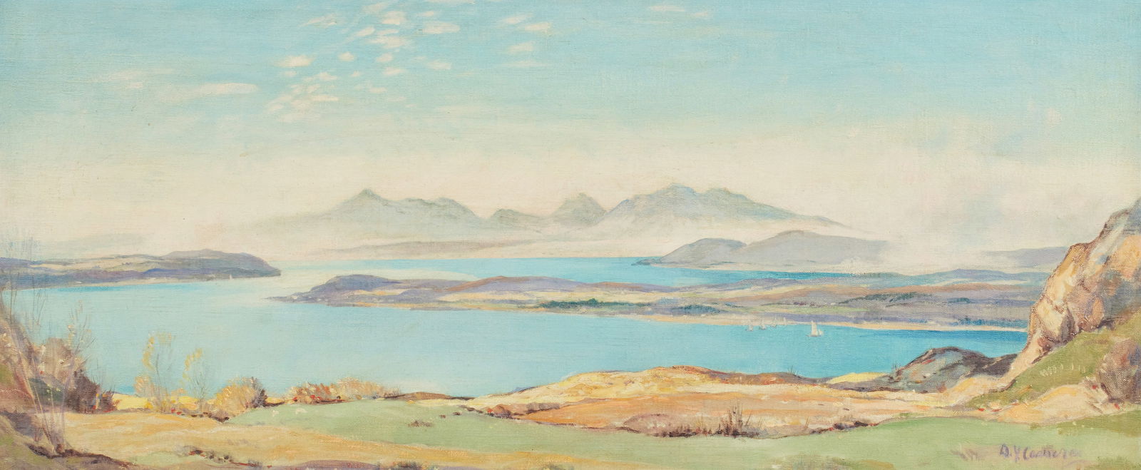 Sir David Young Cameron RA RSA RWS RSW RE (British, 1865-1945) Morning mists on the Clyde: Sir David Young Cameron RA RSA RWS RSW RE (British, 1865-1945) Morning mists on the Clyde signed 'DY Cameron' (lower right) oil on canvas 45.7 x 106.7cm (18 x 42in). Footnotes: Provenance