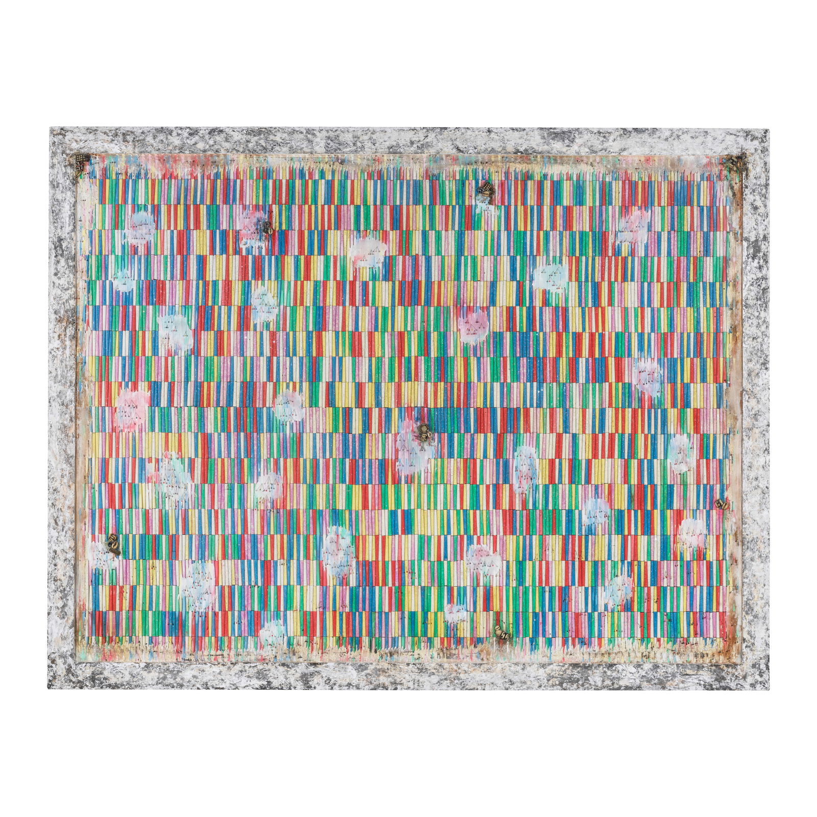 Pascale Marthine Tayou (Cameroonian, born 1967) Chalks and pins V: Pascale Marthine Tayou (Cameroonian, born 1967) Chalks and pins V mixed media (chalks, pins, objects and painting) on wooden panel, within the artist frame 165 x 212cm (64 15/16 x 83 7/16in). Footnote