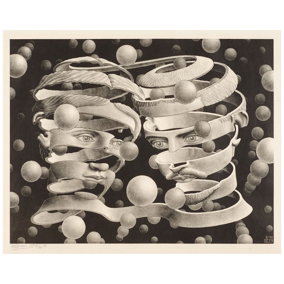 M.C. Escher (1898-1972); Bond of Union;: M.C. Escher (1898-1972) Bond of Union (Bool 409), 1956 Lithograph on wove paper, signed in pencil and numbered 'No. 8/56 III', with wide margins, framed. 10 1/4 x 13 1/16in (26 x 33.2cm) sheet 14 7/8