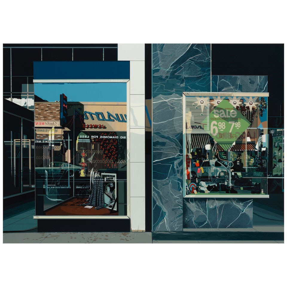 Richard Estes (born 1932); Qualicraft Shoes, from Urban Landscapes;: Richard Estes (born 1932) Qualicraft Shoes, from Urban Landscapes (Arthur p. 115), 1974 Screenprint in colors on wove paper laminated to ragboard with an aluminum inlay (as issued), signed in pencil a