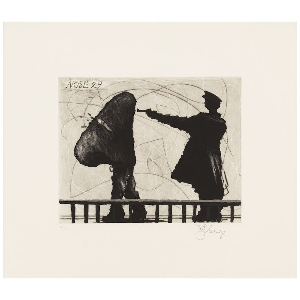 William Kentridge (born 1955); Nose 29, from Nose;: William Kentridge (born 1955) Nose 29, from Nose, 2009 Drypoint, engraving, hardground and sugarlift aquatint on wove paper, signed in pencil and numbered 40/50, with the blindstamp of the publisher,
