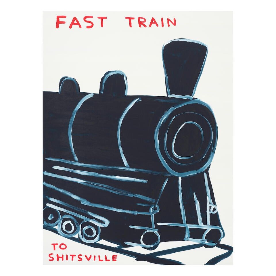 David Shrigley (British, born 1968) Untitled (Fast Train to Shitsville) Screenprint in colours, ...: David Shrigley (British, born 1968) Untitled (Fast Train to Shitsville) Screenprint in colours, 2021, on Somerset Satin wove paper, signed with the initials, dated and numbered 64/125 in pencil verso,