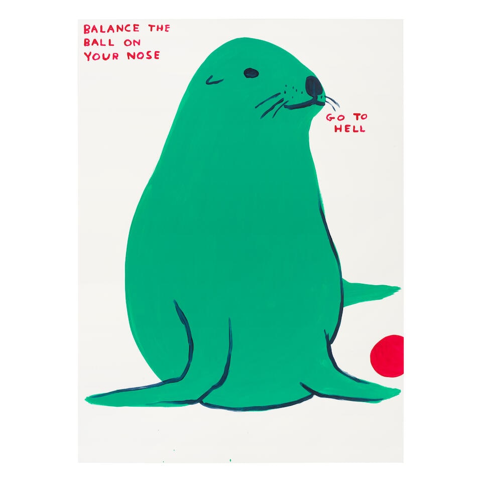 David Shrigley (British, born 1968) Balance the Ball on Your Nose Screenprint in colours, 2022, ...: David Shrigley (British, born 1968) Balance the Ball on Your Nose Screenprint in colours, 2022, on Somerset Satin wove paper, signed with the initials, dated and numbered 59/125 in pencil verso, publi