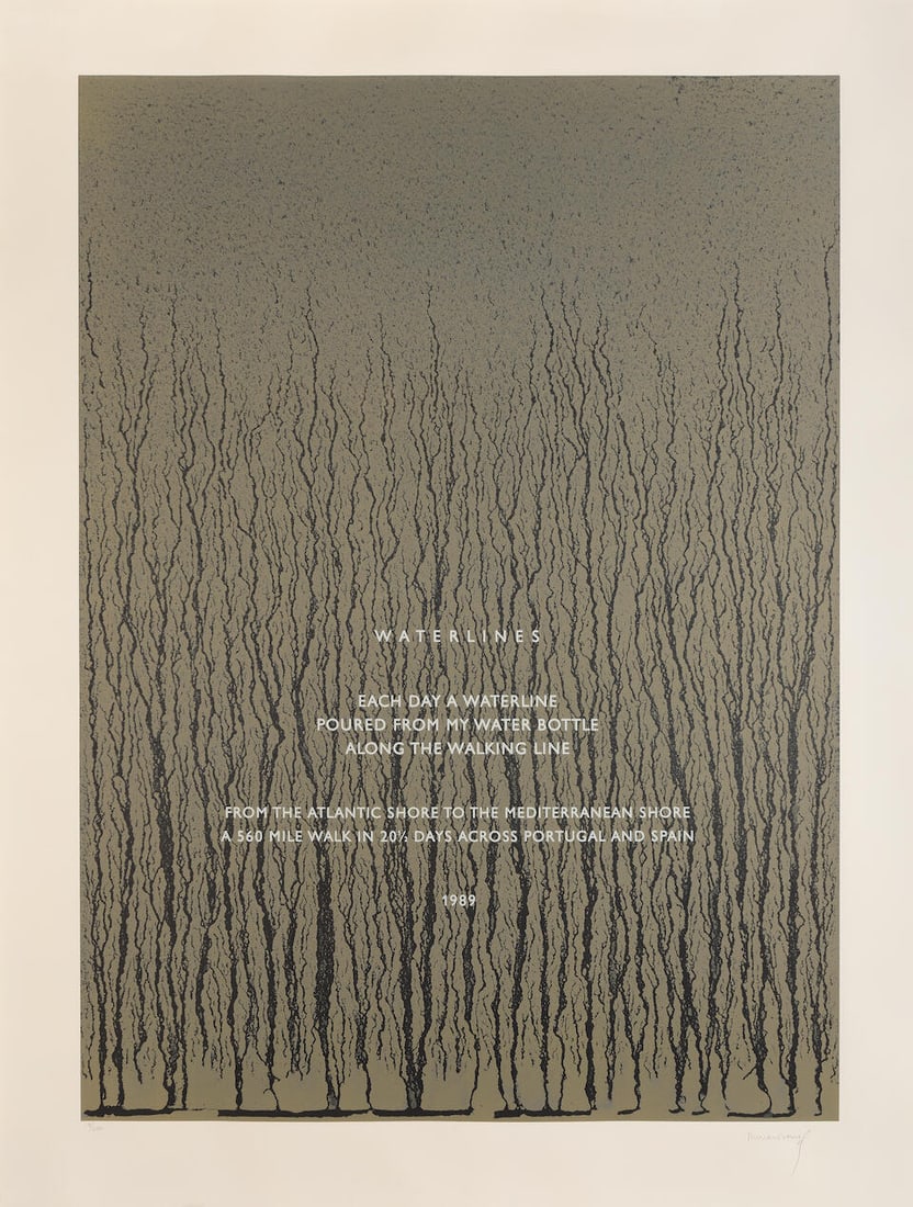 Richard Long R.A. (British, born 1945) Waterlines Offset lithograph in colours, 1989, on wove pa...: Richard Long R.A. (British, born 1945) Waterlines Offset lithograph in colours, 1989, on wove paper, signed and numbered 18/250 in pencil, with margins, framed Image 1270 x 920mm (50 x 36 1/4in) Sheet