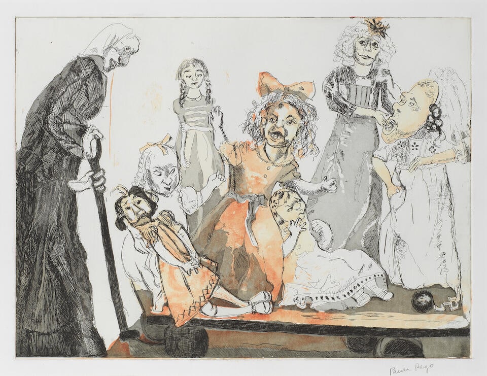 Dame Paula Rego R.A. (British, 1935-2022) Death Goes Shopping Etching with aquatint in colours, ...: Dame Paula Rego R.A. (British, 1935-2022) Death Goes Shopping Etching with aquatint in colours, 2010, on Somerset wove paper, signed in pencil, a unique stage proof produced in preparation for the num