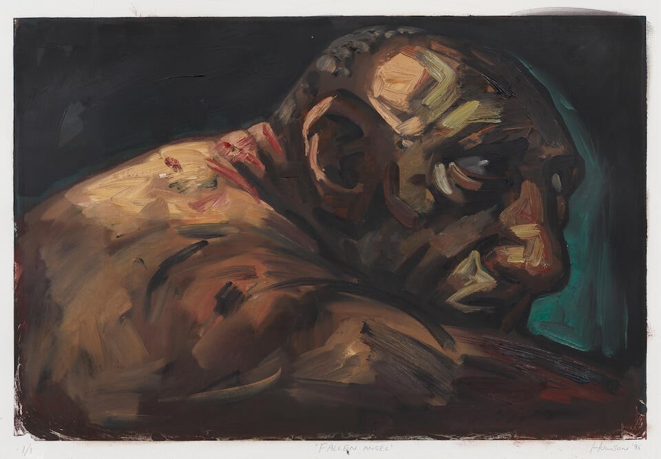 Peter Howson OBE (British, born 1958) Fallen Angel Monotype with extensive hand-colouring, 1996,...: Peter Howson OBE (British, born 1958) Fallen Angel Monotype with extensive hand-colouring, 1996, on wove paper, signed, dated, titled and numbered 1/1 in pencil, published by Flowers Graphics, London,