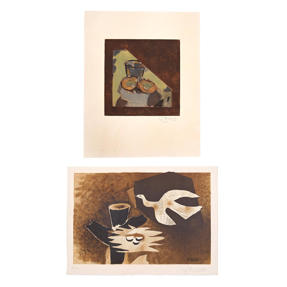 Georges Braque (French, 1882-1963) Nature morte oblique; L'oiseau et son nid Etching and aquatin...: Georges Braque (French, 1882-1963) Nature morte oblique; L'oiseau et son nid (Maeght 1017, 1024) Etching and aquatint in colours and lithograph in colours, 1950-56, on BFK wove paper, each signed and