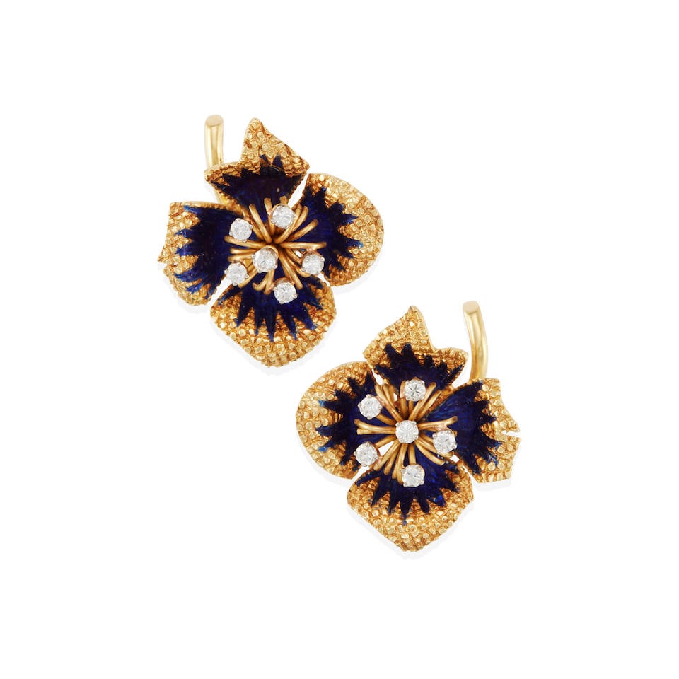 PAIR OF 18K GOLD, DIAMOND AND ENAMEL FLORAL EARCLIPS (1 of 3)