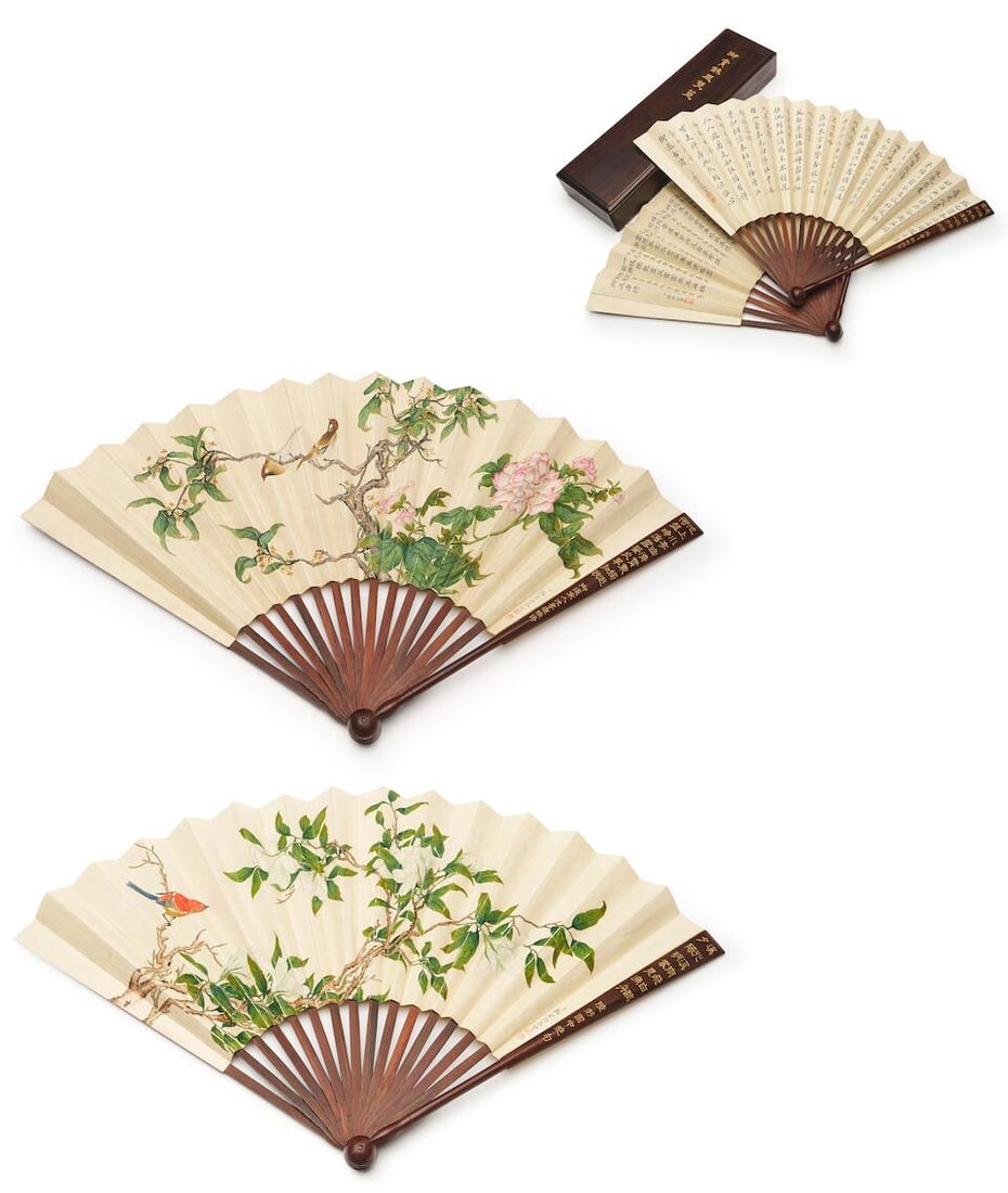 Attributed to Zhang Ruocheng (1722-1770), Liang Shizheng (1697-1763), and Zhang Zhao (1691-1745)...: Attributed to Zhang Ruocheng (1722-1770), Liang Shizheng (1697-1763), and Zhang Zhao (1691-1745) Bird and flower, and Calligraphy Ink, or ink and colour on paper, two painted fans Inscribed and signed