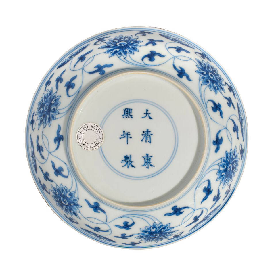 A BLUE AND WHITE 'LOTUS' DISH Kangxi mark and of the period
