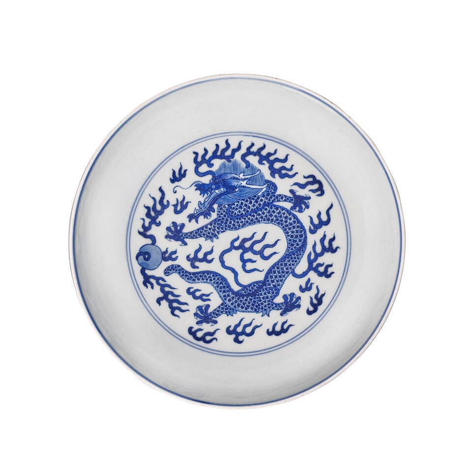 A BLUE AND WHITE 'DRAGON' DISH Tongzhi mark and of the period