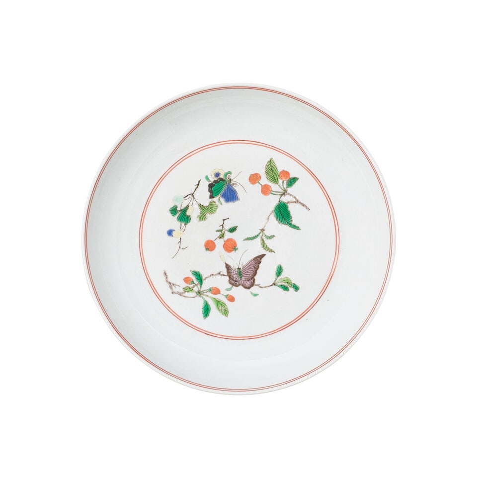 A WUCAI 'BUTTERFLY AND GOJI' DISH Xuande mark, 18th century