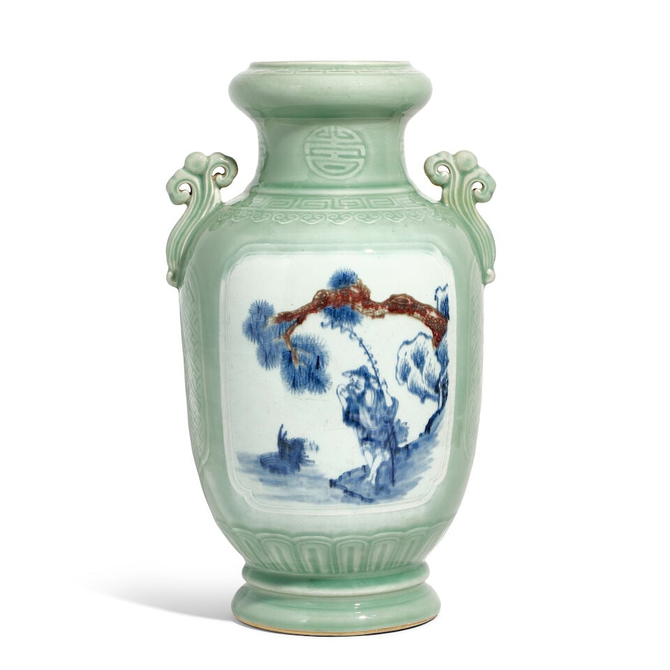 A CELADON-GLAZED AND COPPER-RED-DECORATED 'FISHERMAN' VASE 18th century (box)