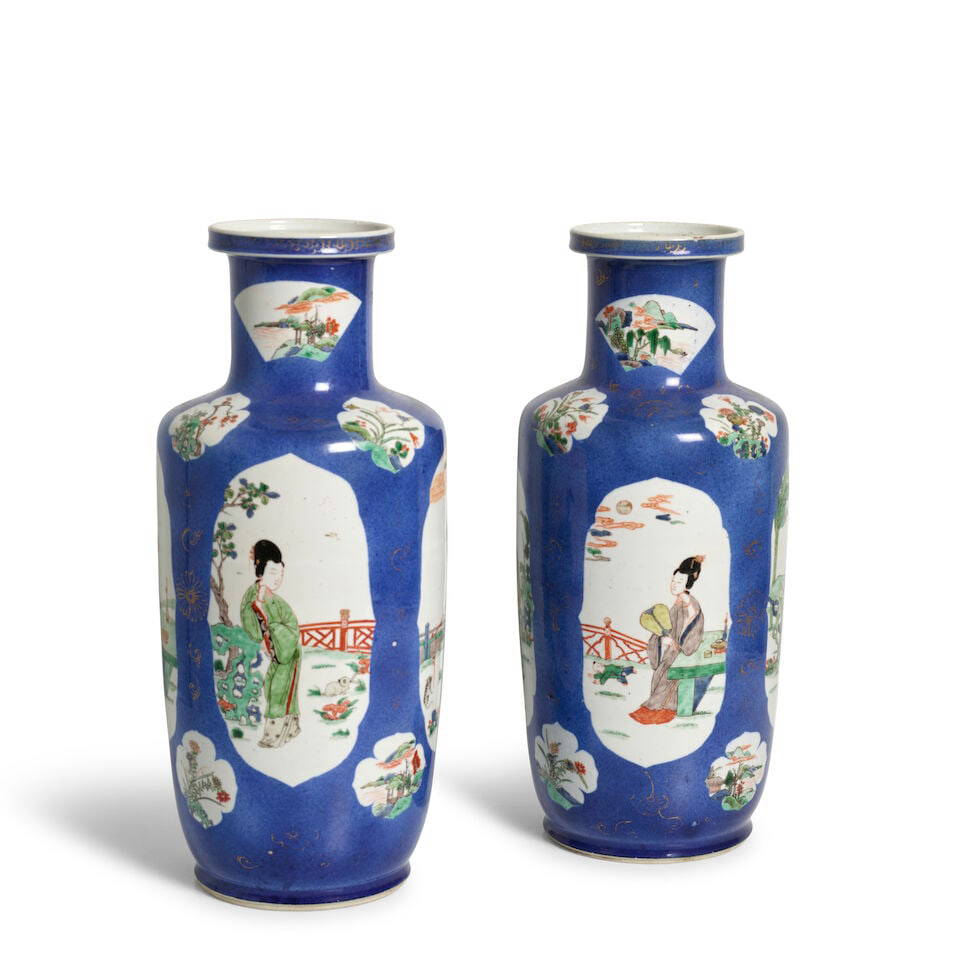 TWO POWDER-BLUE-GROUND AND GILT-DECORATED 'LADIES' ROULEAU VASES Kangxi period (2)
