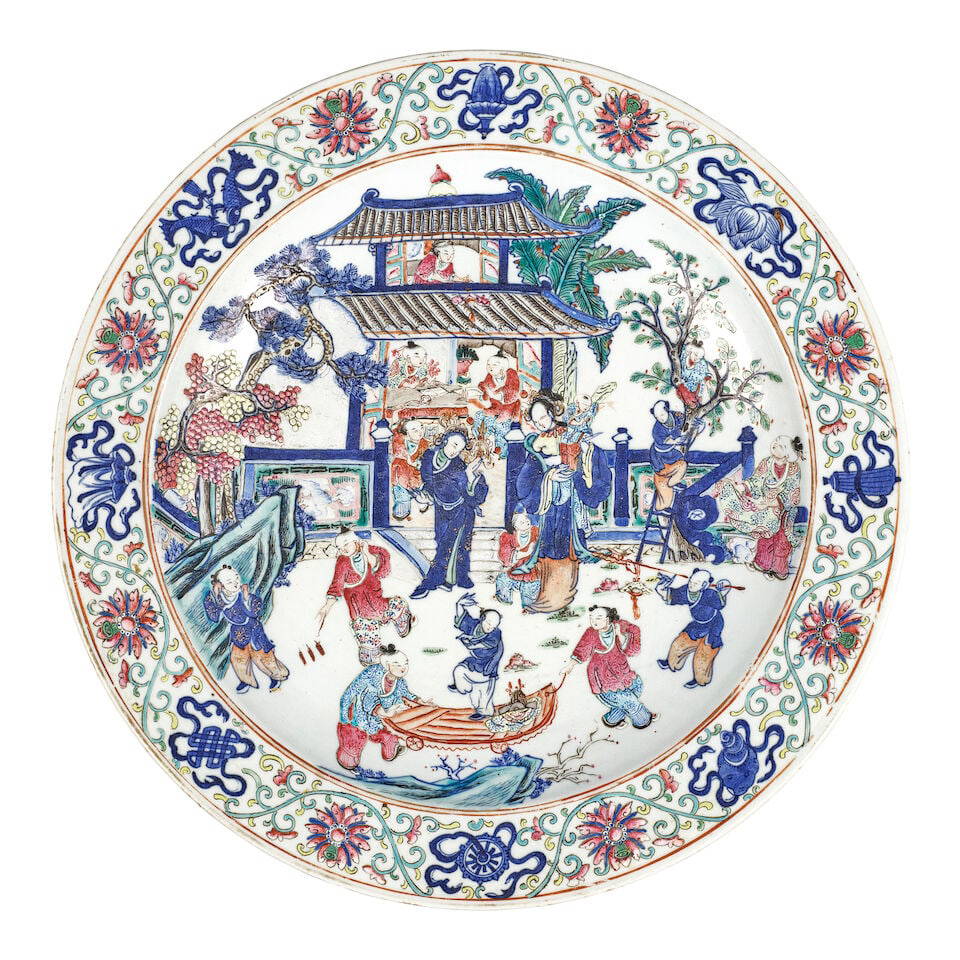 A FAMILLE-ROSE-ENAMELED BLUE AND WHITE 'FIGURAL' CHARGER Qianlong mark, Late Qing dynasty/Republ...
