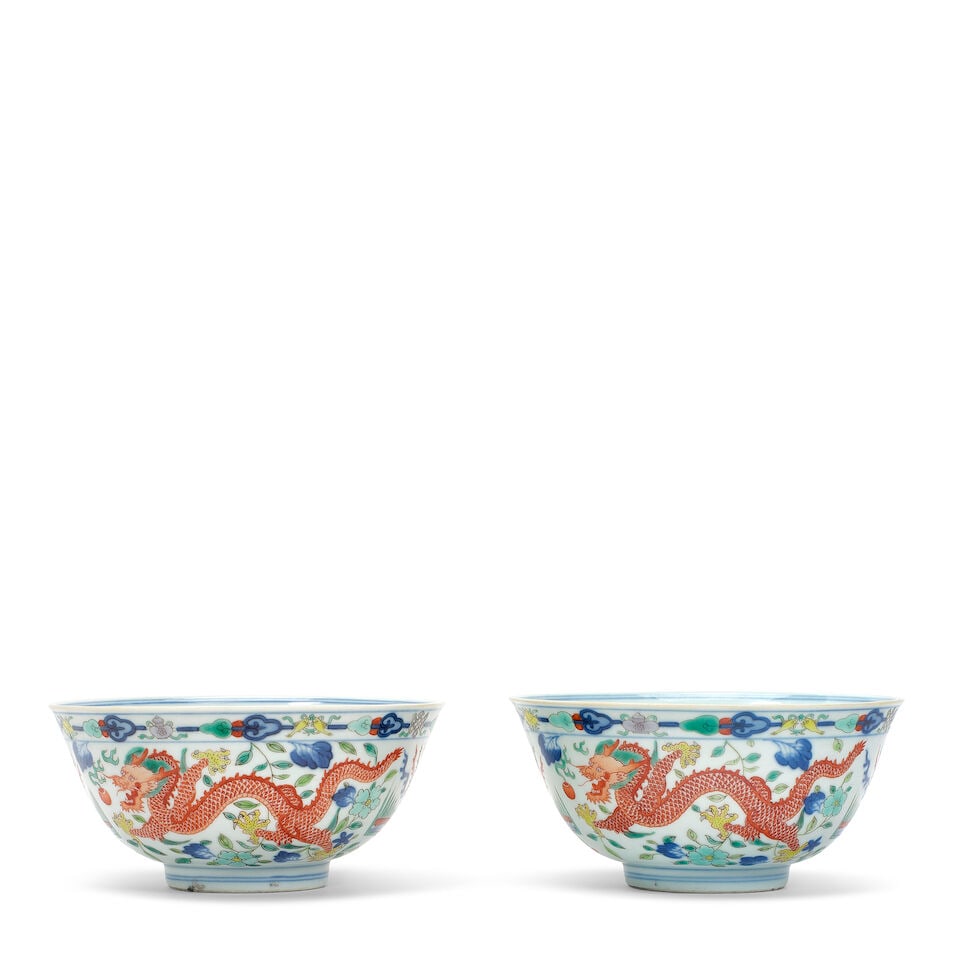 A PAIR OF WUCAI 'DRAGON AND PHOENIX' BOWLS Daoguang seal marks and of the period (2, wood stand ...