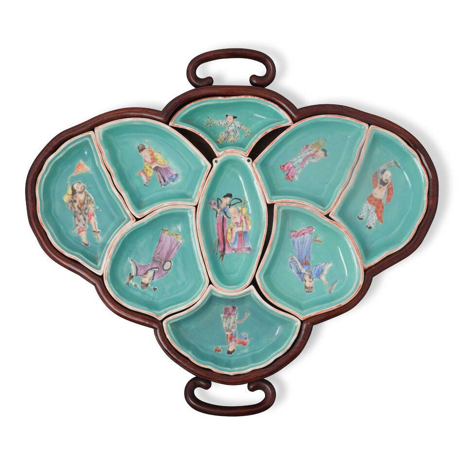 A SET OF TURQUOISE-GROUND FAMILLE-ROSE SWEETMEAT SET Republic period (9, with later fitted wood ...