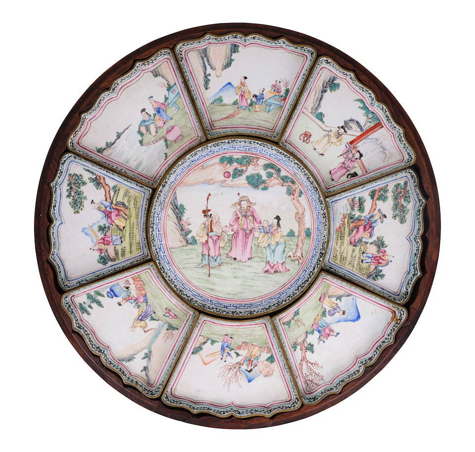 A CANTON PAINTED ENAMEL 'FIGURAL' SWEETMEAT SET 19th century (9, with fitted wood tray)