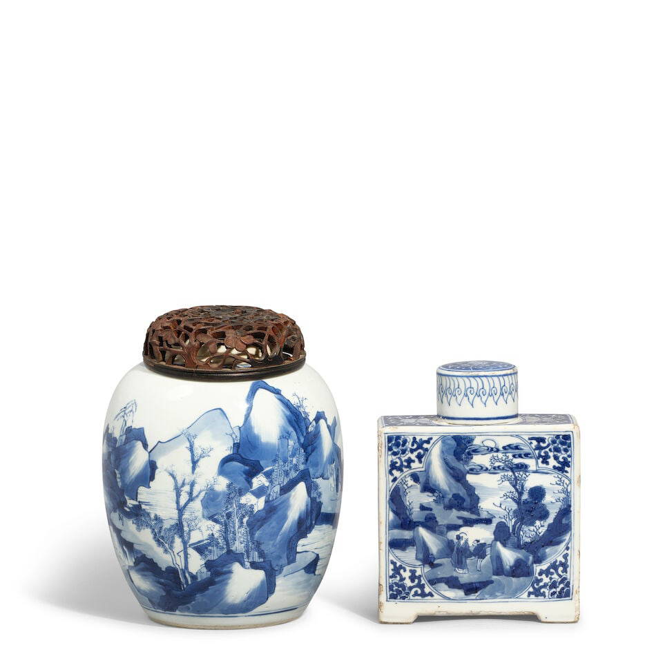 TWO BLUE AND WHITE 'LANDSCAPE' WARES Ginger jar: 18th centuryTea caddy: 19th century (2, ginger ...