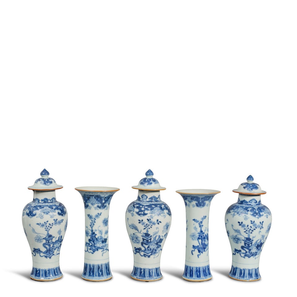 A SET OF FIVE SMALL BLUE AND WHITE 'ANTIQUITY' GARNITURES 18th century (5) (1 of 1)