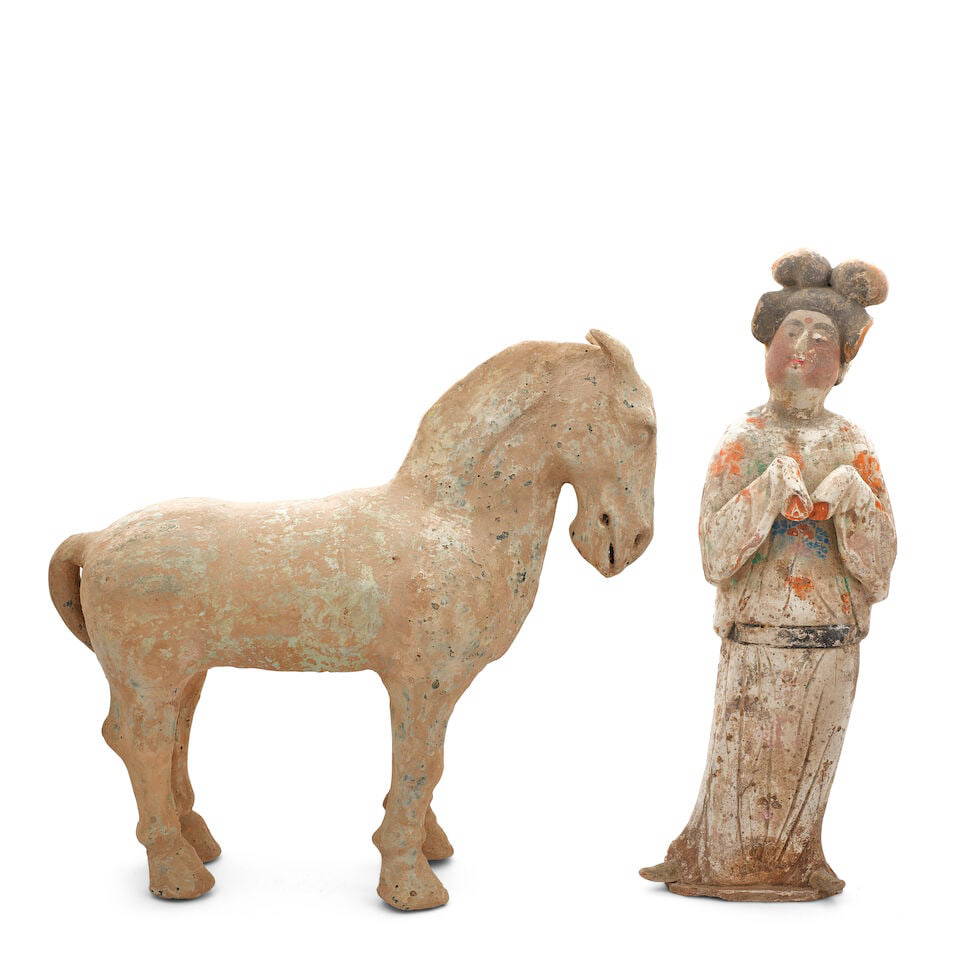 A GREEN-GLAZED POTTERY HORSE AND A PAINTED POTTERY LADY Pottery horse: Han dynastyPottery lady: ...