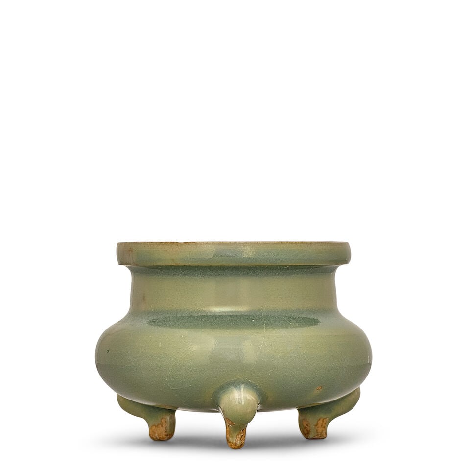 A HENAN CELADON TRIPOD CENSER Song dynasty (Japanese silver cover, Japanese boxes)