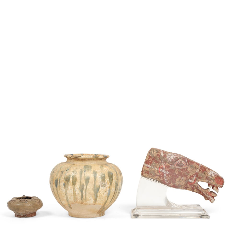 A GROUP OF THREE EARLY CERAMICS Painted pottery horse head: Han dynasty;Yueyao 'frog' water coup...
