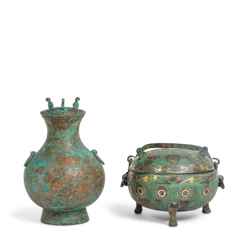 TWO SMALL INLAID BRONZE VESSELS AND COVERS Ding: Han dynasty with later inlays;Hu: Han-style (2)