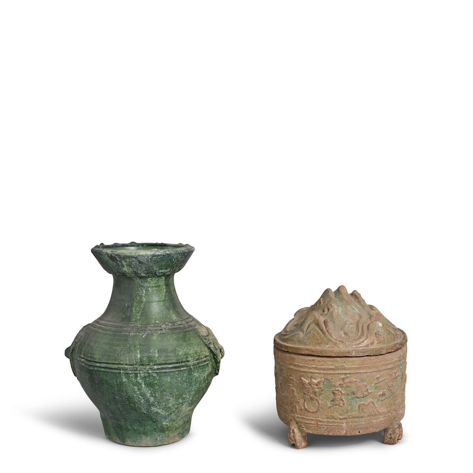 TWO MOLDED GREEN-GLAZED VESSELS Han dynasty (2)