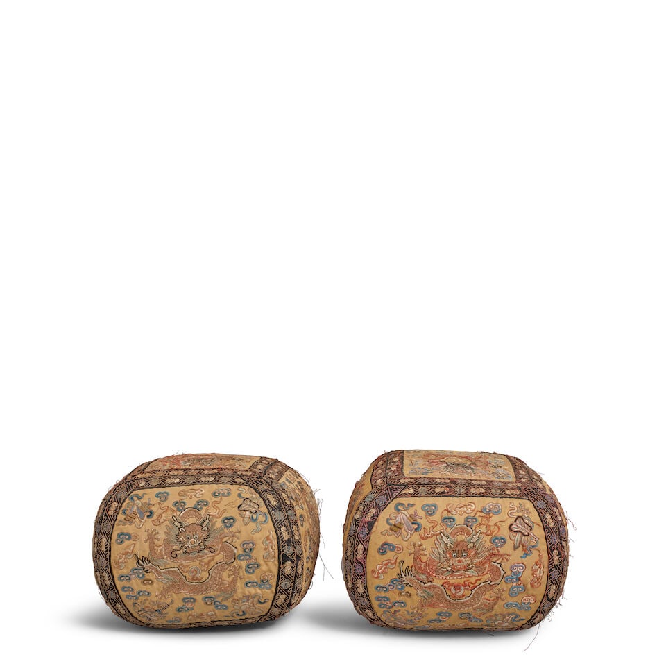 A PAIR OF EMBROIDERED SILK BROCADE 'DRAGON' CUSHIONS Late Qing dynasty (2)