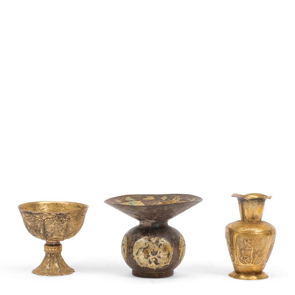 A GROUP OF THREE SMALL ENGRAVED GILT METAL VESSELS Tang/Liao-style (3)
