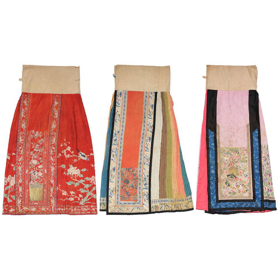A GROUP OF THREE EMBROIDERED AND PLEATED SILK SKIRTS, MAMIAN QUN Late Qing dynasty (3)
