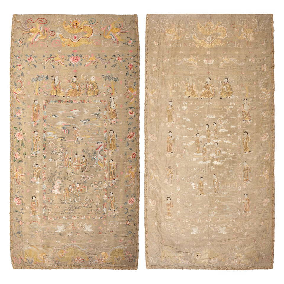 A PAIR OF SILK EMBROIDERED 'BIRTHDAY' PANELS Republic period (2)