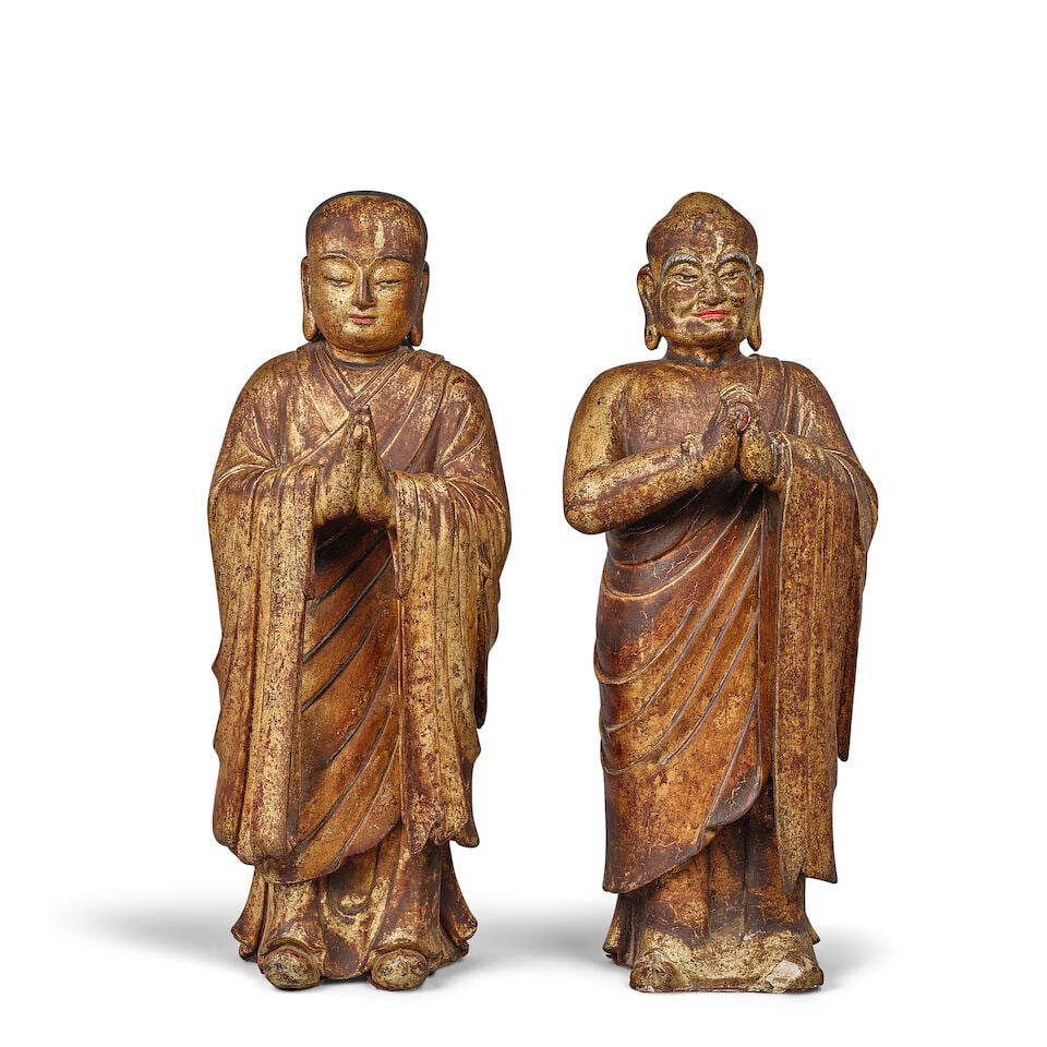 TWO PAINTED AND GILT-LACQUERED WOOD LUOHAN FIGURES 19th century (2)