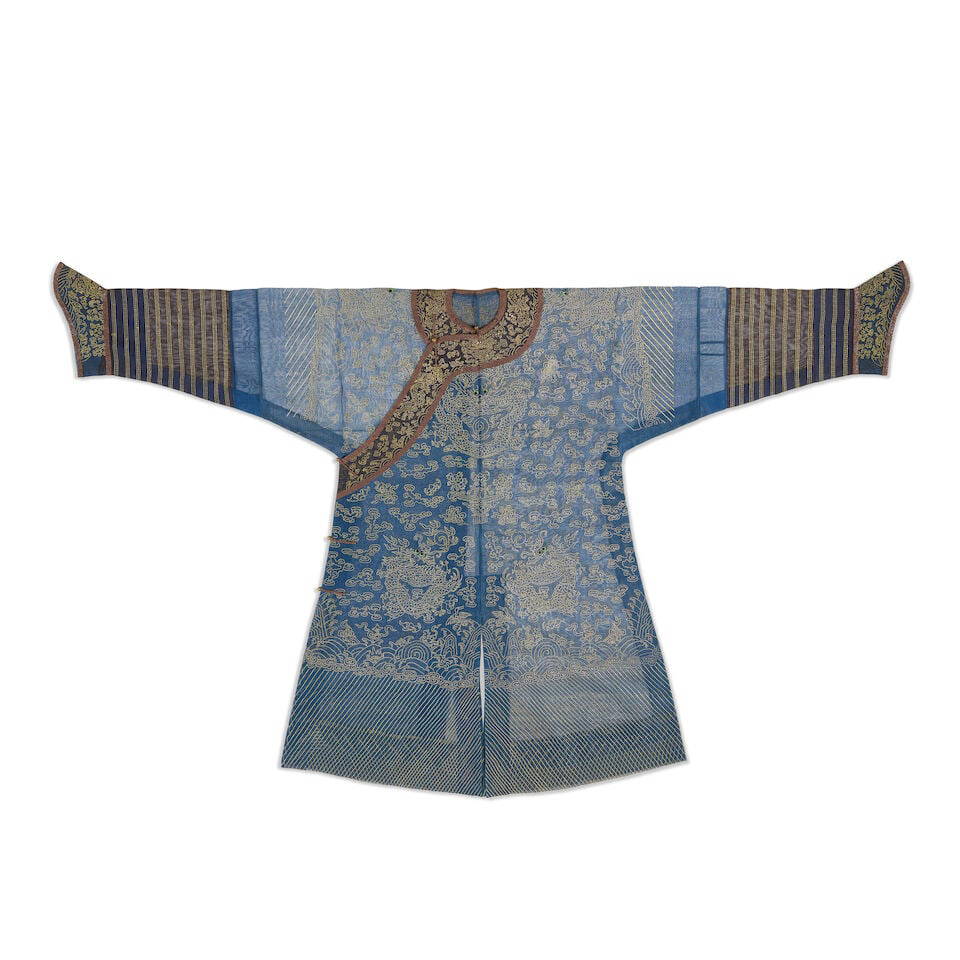 A BLUE-GROUND SILK GAUZE 'DRAGON' ROBE Late Qing dynasty/Republic period