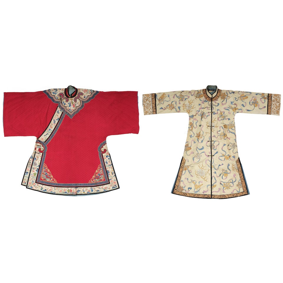TWO SILK EMBROIDERED LADY'S ROBES Late Qing dynasty (2)